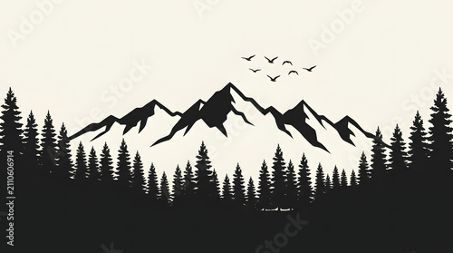 Minimalist black and white mountain landscape with pine trees and flying birds illustration