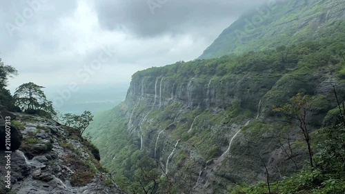 4K view of an amazing valley with multiple waterfalls in Bhimashankar Wildlife Sanctuary, Western Ghats
