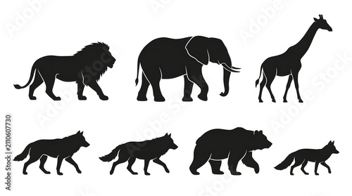 Black silhouette collection of wild animals including lion elephant giraffe wolf bear and fox isolated on white background for design elements