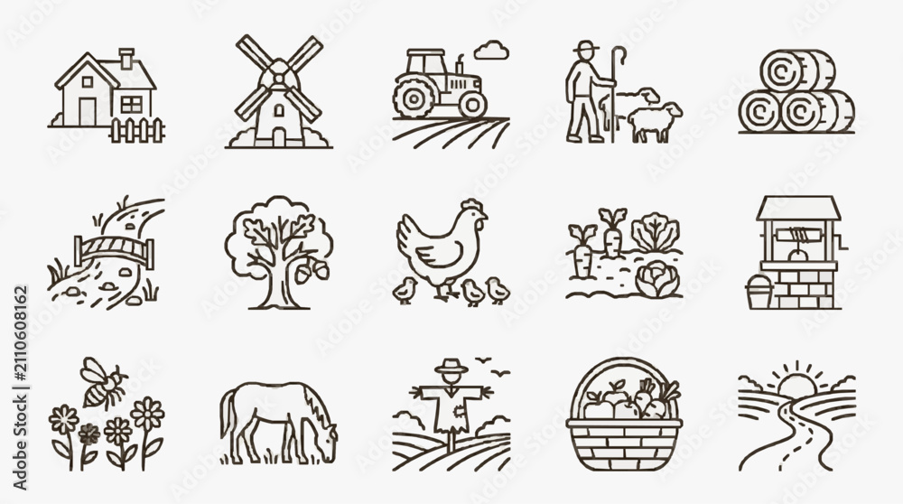 Obraz premium Professional Black and White Line Drawing Icons Set Featuring Farm Life Agriculture and Rural Elements