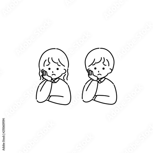 頬杖をついて悩む人(線画)