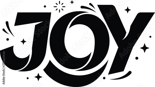 Black and white typography design featuring the word joy with decorative sparkles and stars