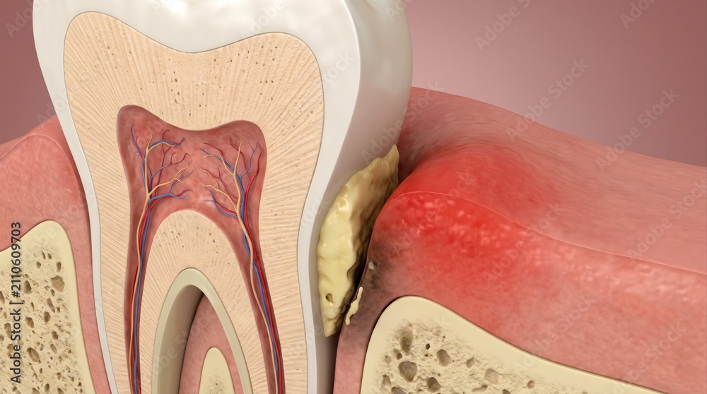 Fototapeta premium A cross-section illustration showing a tooth with heavy plaque buildup causing inflamed gum tissue.
