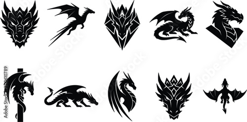 Bild auf Leinwand Collection of powerful tribal dragon silhouettes featuring winged fantasy monste