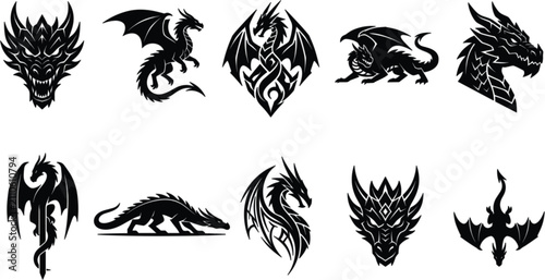 Bild auf Leinwand Collection of powerful tribal dragon silhouettes featuring winged fantasy monste
