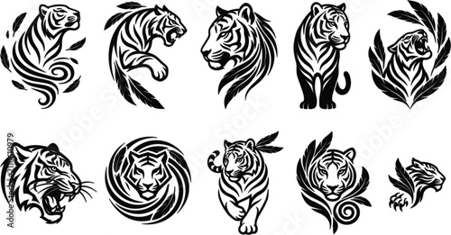 Foto Collection of dynamic black tiger vector silhouettes artistic floral mascot logo