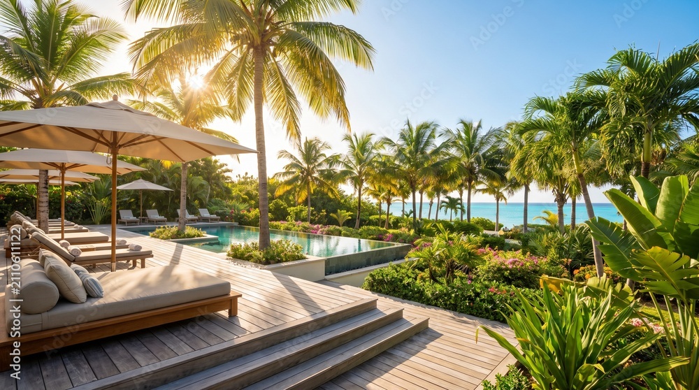 Fototapeta premium Luxury tropical garden with palm trees, wooden deck, pool lounge area, vacation vibe