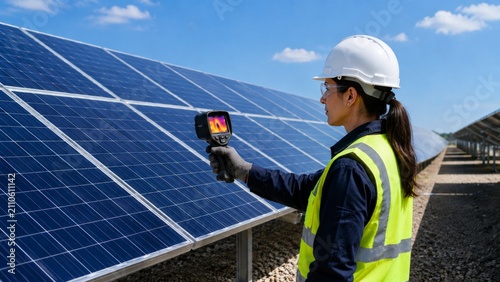 Woman technician examining solar panels using thermal imaging camera at a renewable energy facility
