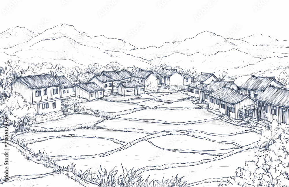 Fototapeta premium Sketch of a Chinese Mountain Village