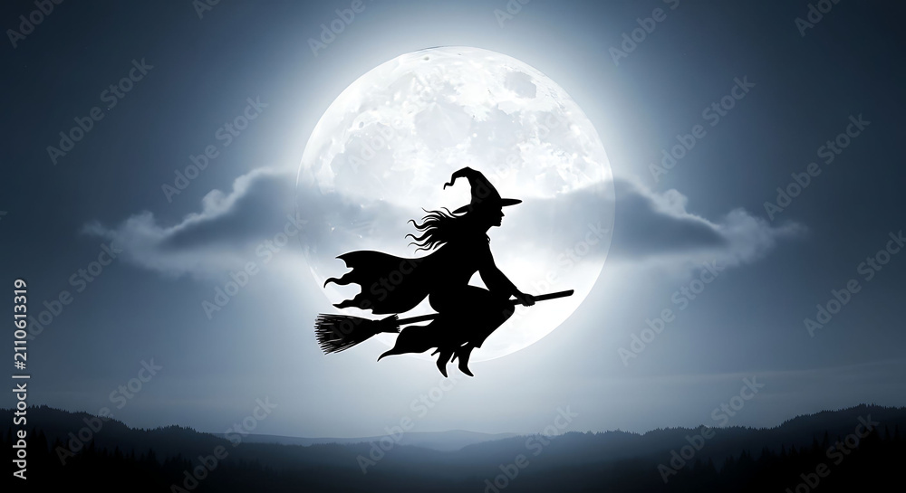 Naklejka premium Witch flying over moonlit mountains with full moon and dark clouds