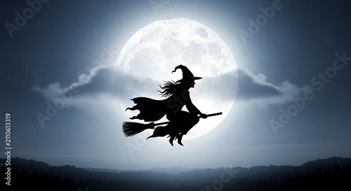 Witch flying over moonlit mountains with full moon and dark clouds
