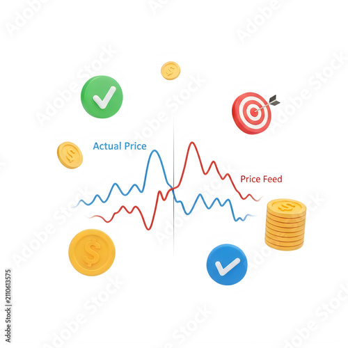 A graph comparing actual price and price feed with coins and checkmarks