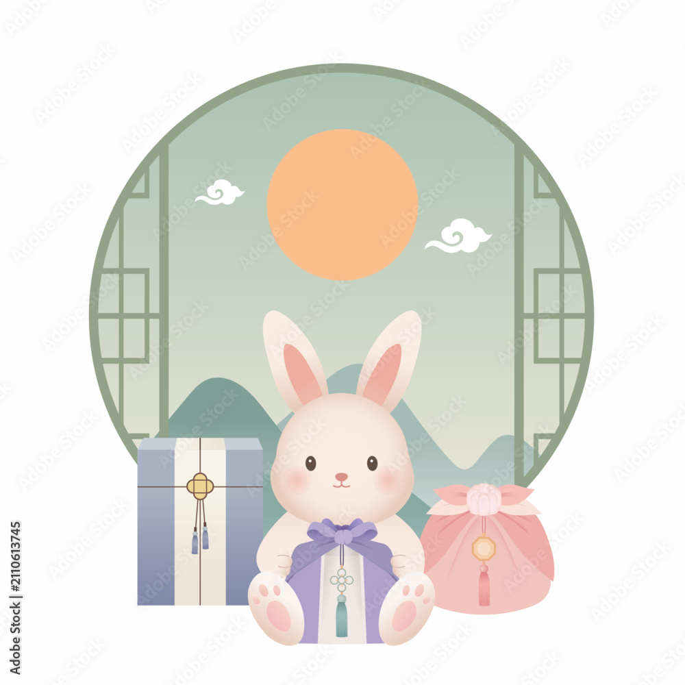 Obraz premium Cute Rabbit with Traditional Korean Gift Boxes and Lucky Pouch, Chuseok Holiday Illustration