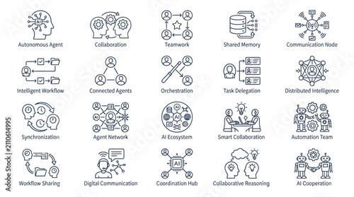 Schilderij op canvas Collection of Icons Representing Artificial Intelligence and Collaboration Concepts