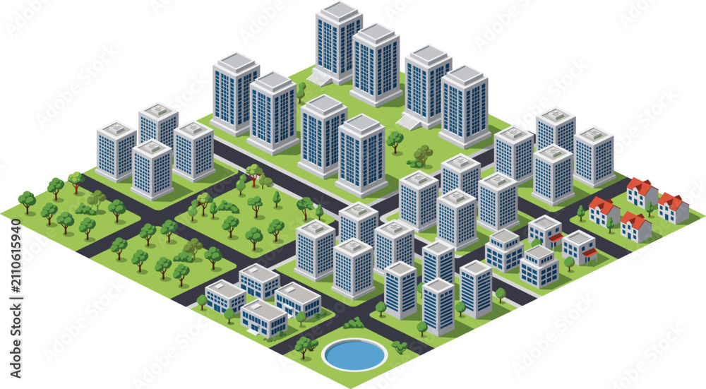 Fototapeta premium 3D Isometric Modern City Layout with High Rise Buildings Residential Area and Green Urban Planning