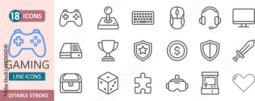 Fotografía Gaming equipment and console line icons set for game enthusiasts with game contr