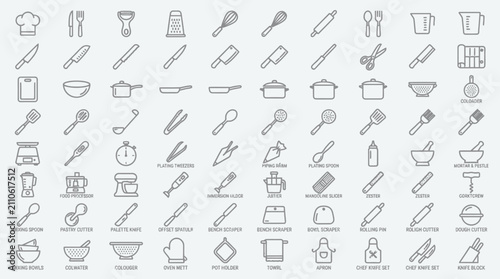 Foto Collection of kitchen utensil icons in a grid pattern.