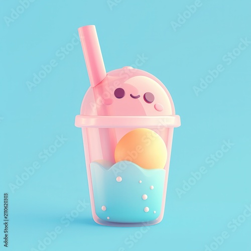 Cute boba drink character smiling, featuring a kawaii design ideal for sweet beverage concepts, pastel color palettes, and playful dessert branding illustrations