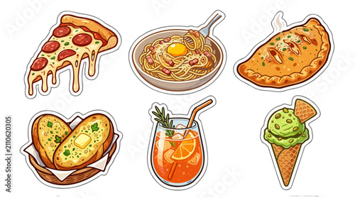Vector sticker sheet set of delicious Italian food items including pepperoni pizza, carbonara pasta, calzone, garlic bread, cocktail, and gelato