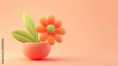 Little orange cartoon flower blooming in a smooth terracotta pot, featuring soft pastel colors on a minimalist peach background, representing spring, growth, and digital garden