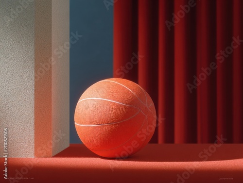 Orange basketball ball resting on a red textured surface, with contrasting red curtain and geometric foam blocks in a studio setting, creating a vivid and dynamic scene