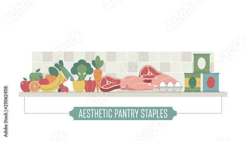 Selection of fresh fruits, vegetables, meat, chicken, eggs, and canned food on a shelf for aesthetic pantry staples concept.