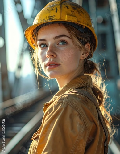 Young Woman Construction Worker Wearing Hard Hat and Overalls.