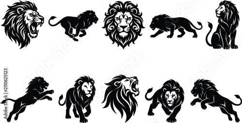 Photos Set of dynamic black lion vector silhouettes roaring heads and majestic running