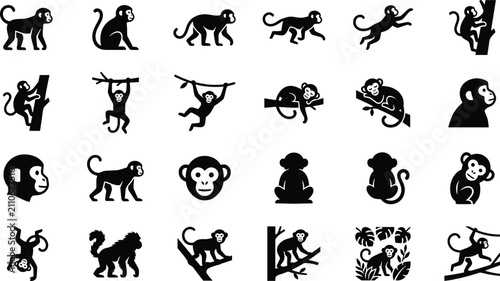 Canvas Print Monkey and ape icon set vector illustration featuring wild animals climbing swi