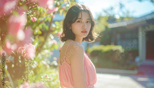 Young woman in pink outdoors.