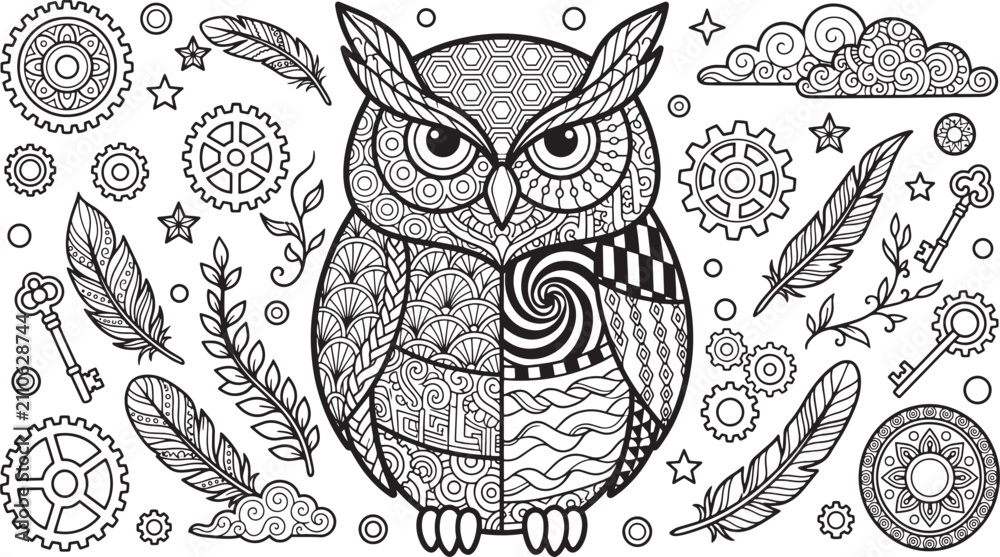 Fototapeta premium Steampunk owl coloring page vector, intricate zentangle bird illustration with gears and feathers, black and white mandala style owl art