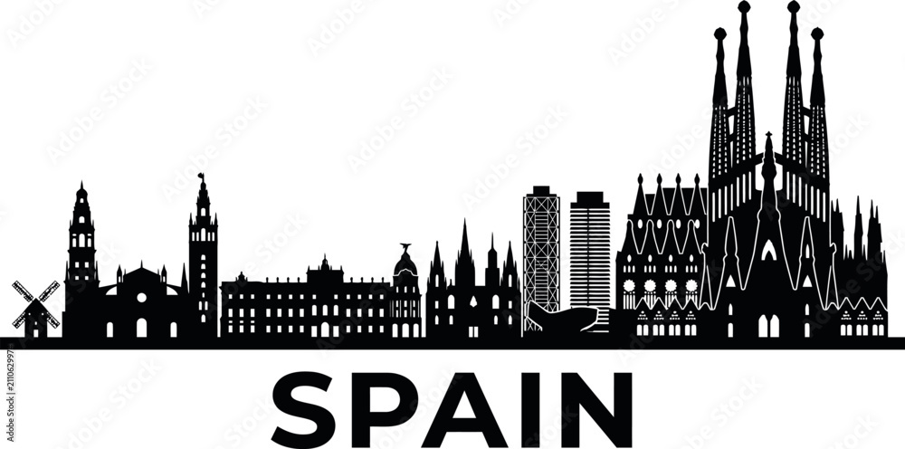 Obraz premium Black and white silhouette skyline of barcelona spain featuring famous landmarks and architectural icons on white background