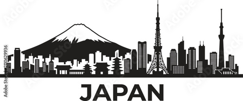 Black and white silhouette of the tokyo city skyline featuring mount fuji and iconic japanese landmarks