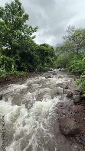 Seasonal water stream near Siddhagad Fort in the lush Sahyadri mountain range during the monsoon season.