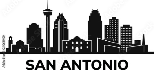 Black and white silhouette skyline of san antonio texas featuring the alamo and tower of the americas