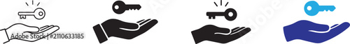 Key handover icon with hand holding key symbol, editable vector EPS for real estate and rental use.