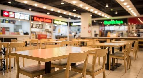Food Court Dining Area with Empty Tables and Chairs