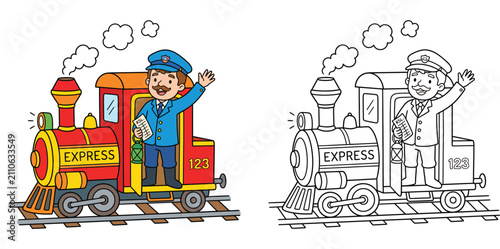 Train conductor waving from steam locomotive express train