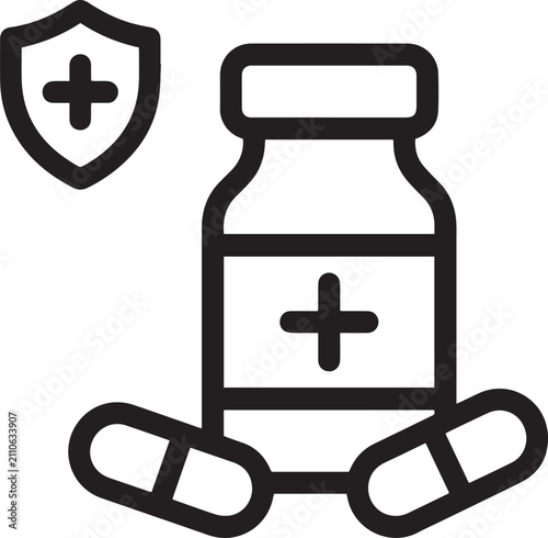 Medical shield and pill bottle with pills and cross symbol