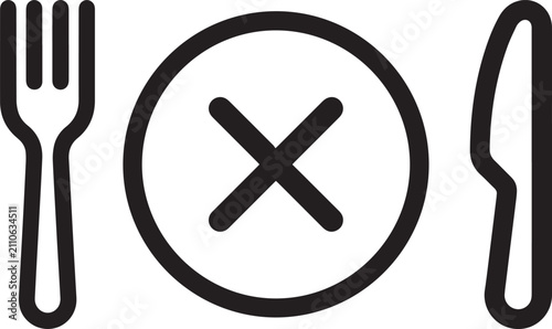 Bild auf Leinwand A black and white illustration of a fork, knife, and plate with a cross symbol, indicating no food or dining is allowed
