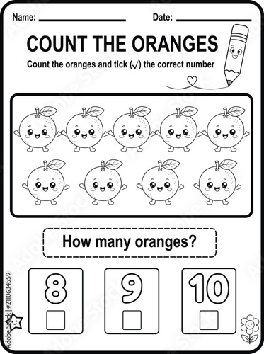 A fun counting worksheet with nine cute oranges to help children improve number recognition and early math skills through engaging printable activities.