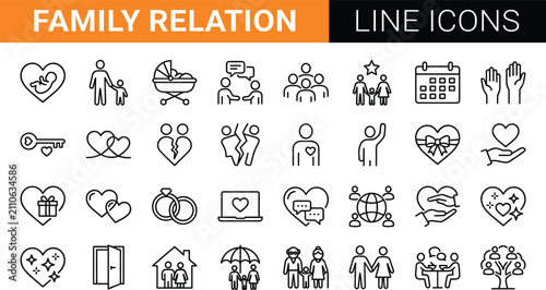 Bild auf Leinwand Family relation and love linear icons set featuring parents child marriage divor