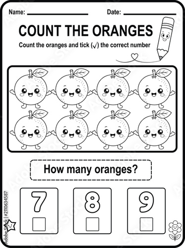 Children count eight friendly oranges and select the correct answer. Printable educational worksheet perfect for preschool, kindergarten and homeschool lessons.