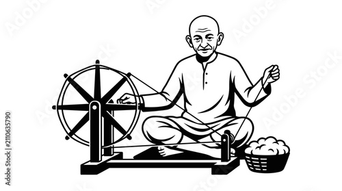 Peaceful visionary leader illustration with spectacles and spinning wheel on tricolor background