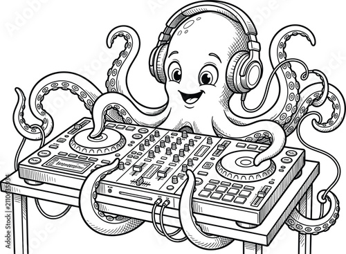Funny cartoon octopus dj wearing headphones scratching records on electronic audio mixing console table vector sketch illustration