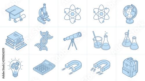 Obraz na płótnie Comprehensive Set of Isometric Science and Education Outline Icons Including Lab Equipment Microscope DNA Atom Molecule Graduation Cap and School Supplies for Educational Graphic Design Projects