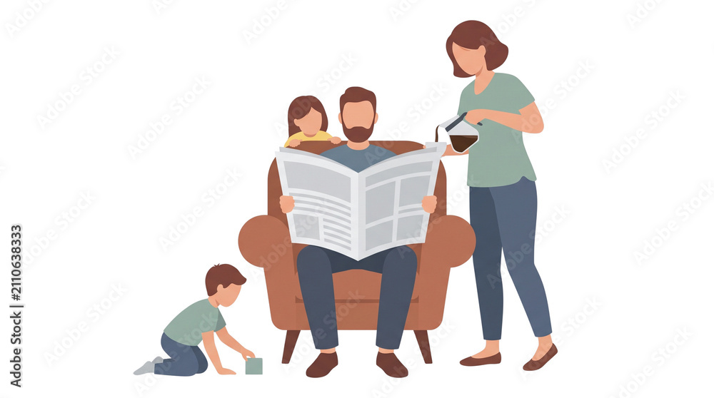 Fototapeta premium Family relaxing at home with father reading newspaper and children playing.