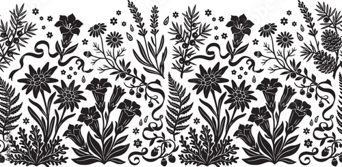 Vintage alpine floral seamless border vector, black and white edelweiss and gentian wildflower pattern, botanical meadow silhouette illustration