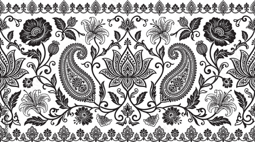 Vintage paisley floral border vector, black and white indian ethnic pattern, seamless ornamental lotus and lily flower frame for textile design