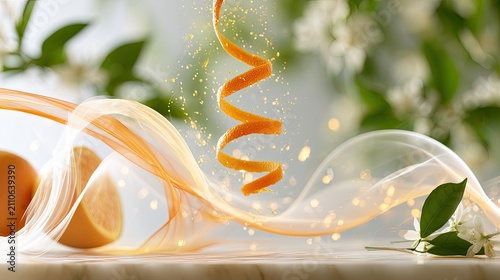 Fresh Orange Peel Swirl with Citrus Fruit and Blossoms.